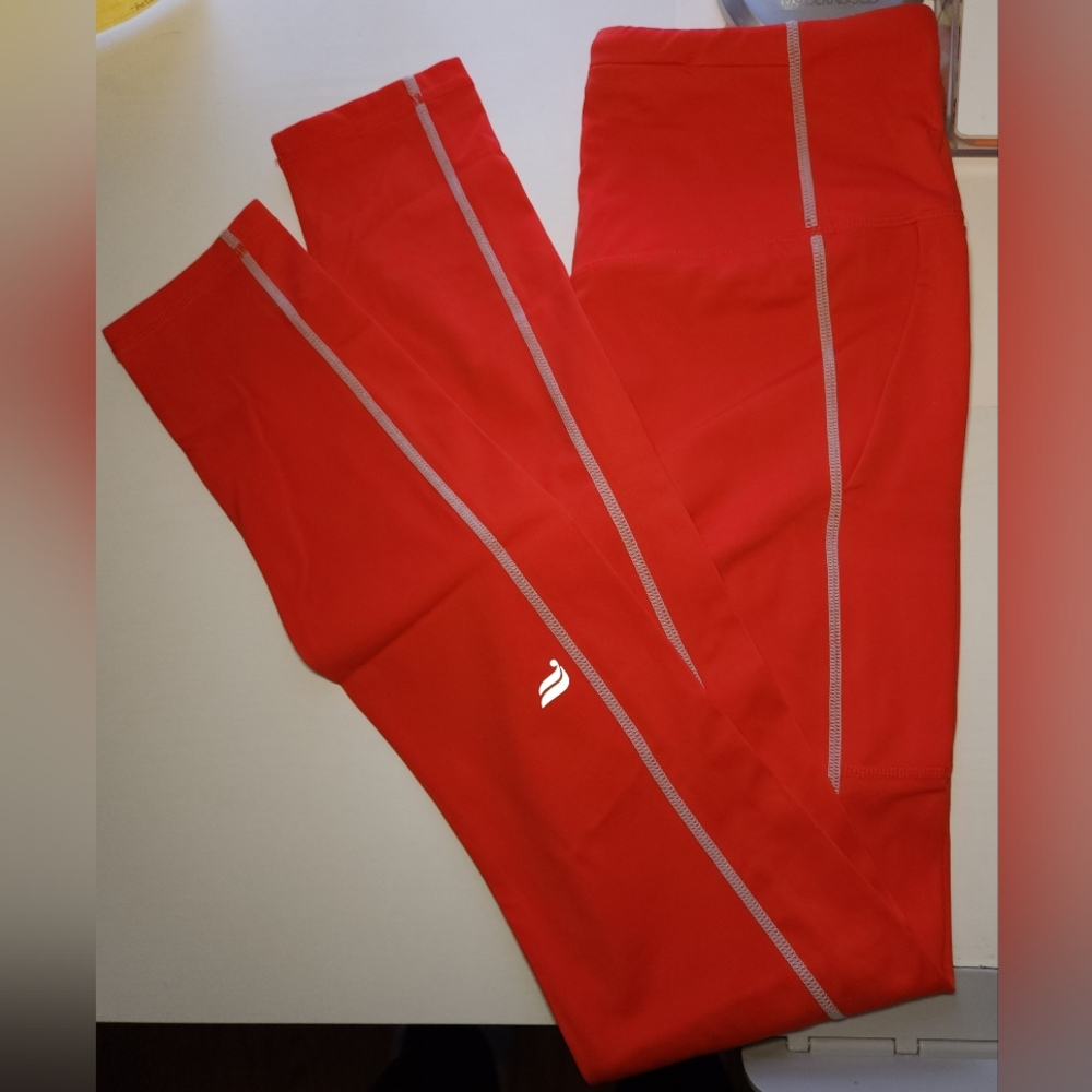 Fabletics Red Motion 365 Leggings with Silver Stripes and 3 pockets medium